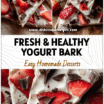 Close-up of Greek yogurt strawberry dark chocolate bark topped with fruit pieces for a healthy dessert snack.